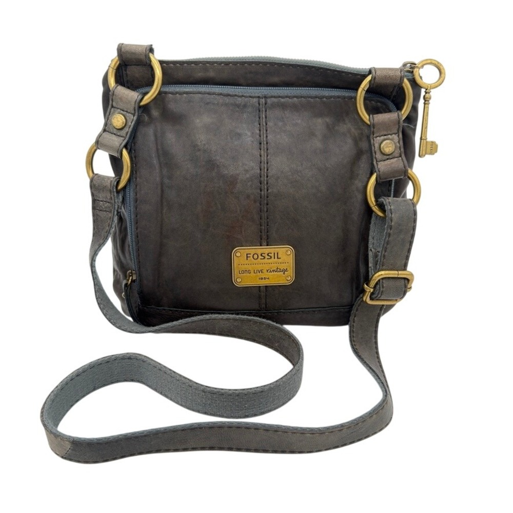 Fossil‎ Long Live Vintage Leather Crossbody Bag Brown Brass Key Charm Zip